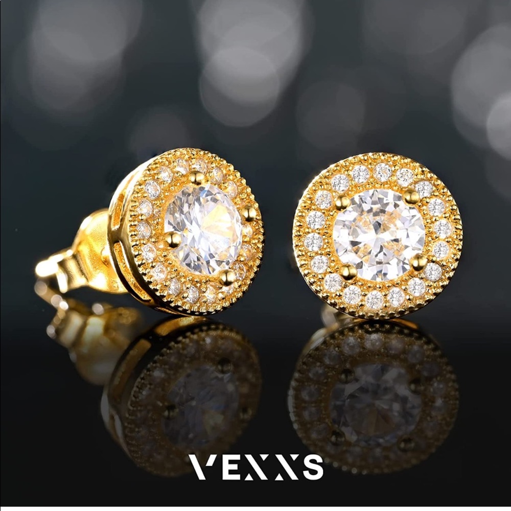 S925 Cubic Zirconia 5A & 14K Gold Plated Stud Unisex Earrings (A)
